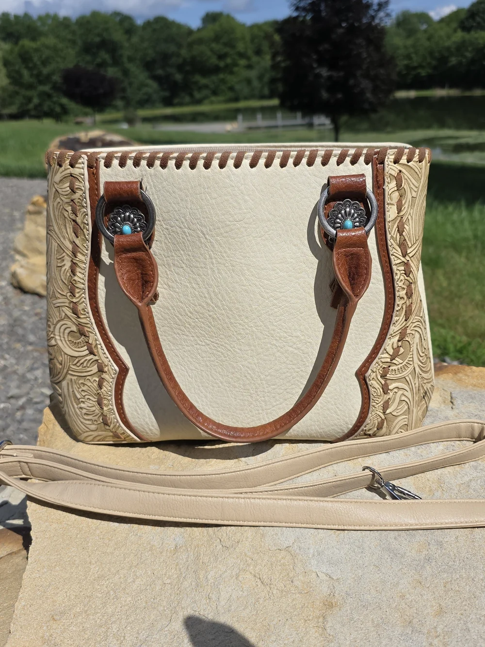 Western Tooled Leather Trinity Ranch Cream and Brown Women’s Satchel Handbag